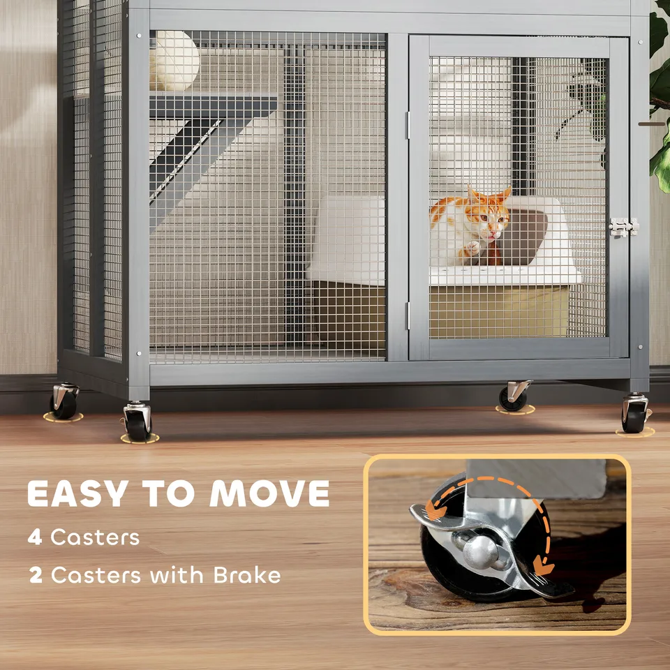 74" Wooden Outdoor Cat House Catio with High Weight Capacity, Cat Cage Condo, Dark Gray view 3
