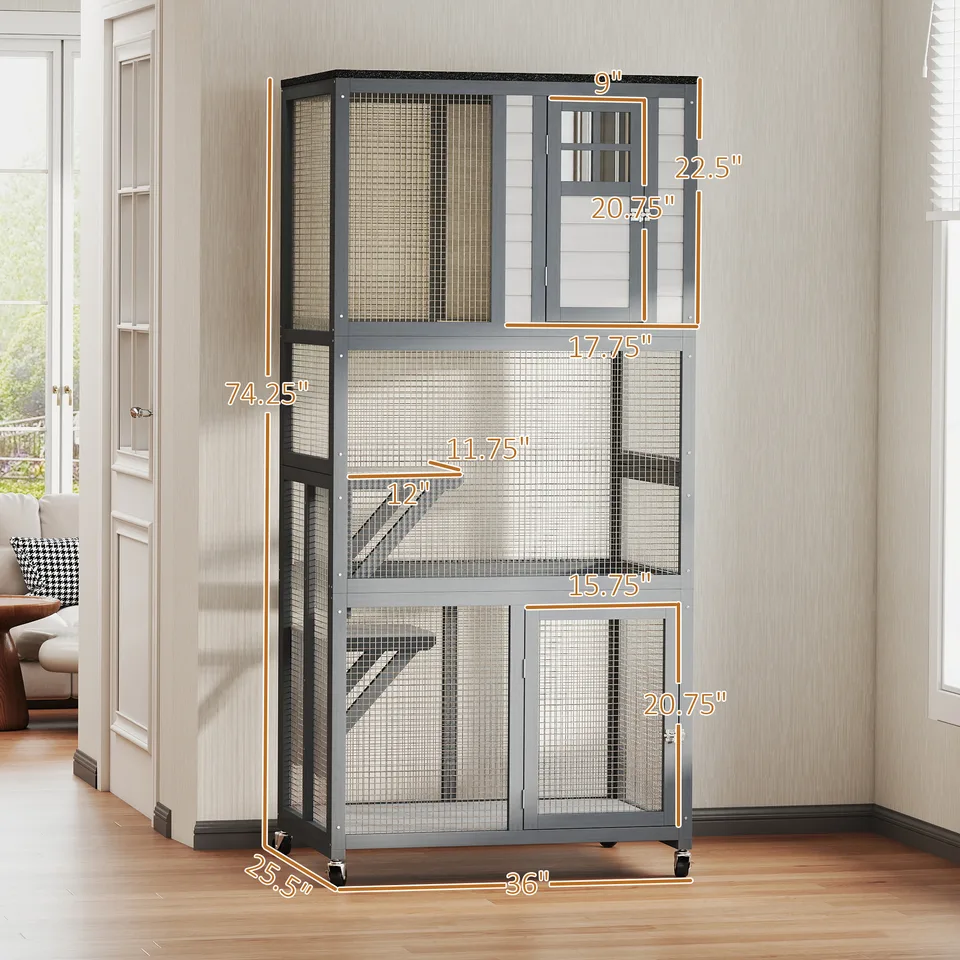 74" Wooden Outdoor Cat House Catio with High Weight Capacity, Cat Cage Condo, Dark Gray view 2