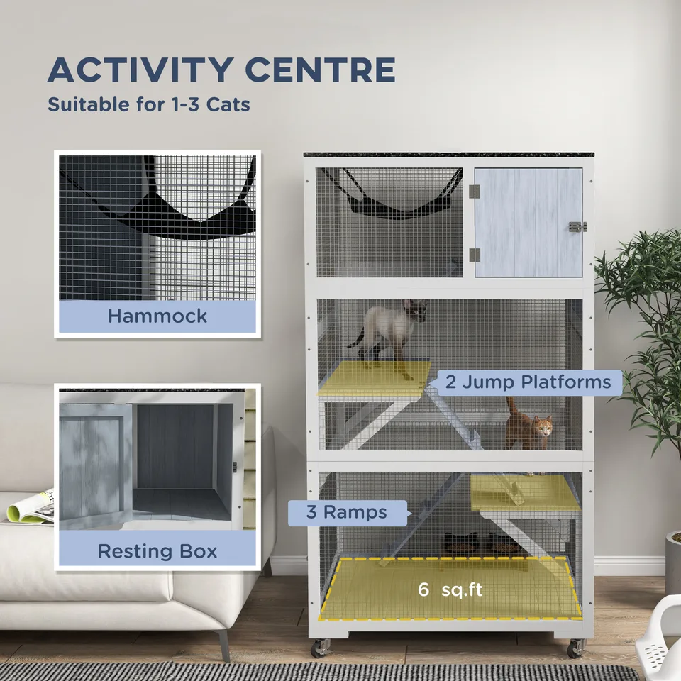 Catio, Outdoor Cat Enclosure House on Wheels with Hammock, Gray view 2