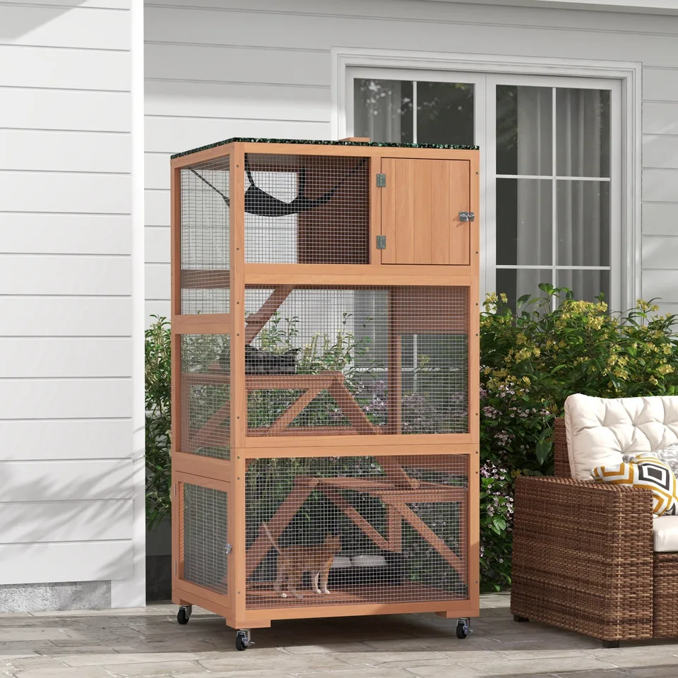 Catio, Outdoor Cat Enclosure House on Wheels with Hammock, Orange