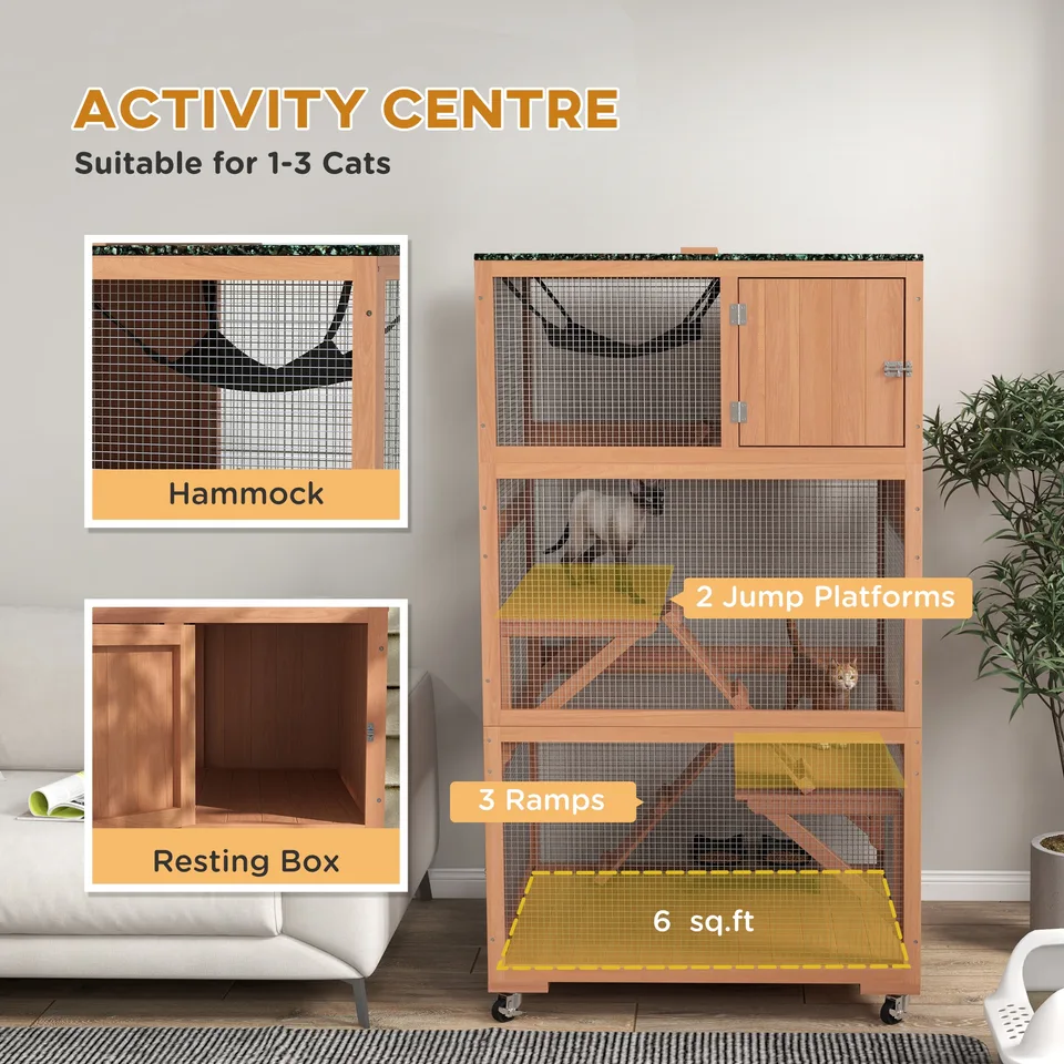 Catio, Outdoor Cat Enclosure House on Wheels with Hammock, Orange view 3