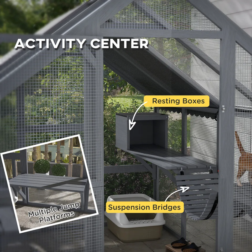 Wooden Catio Outdoor Cat Enclosure with Waterproof Cover, 2 Condos, 6 Platforms, Bridge, Doors, Gray view 4