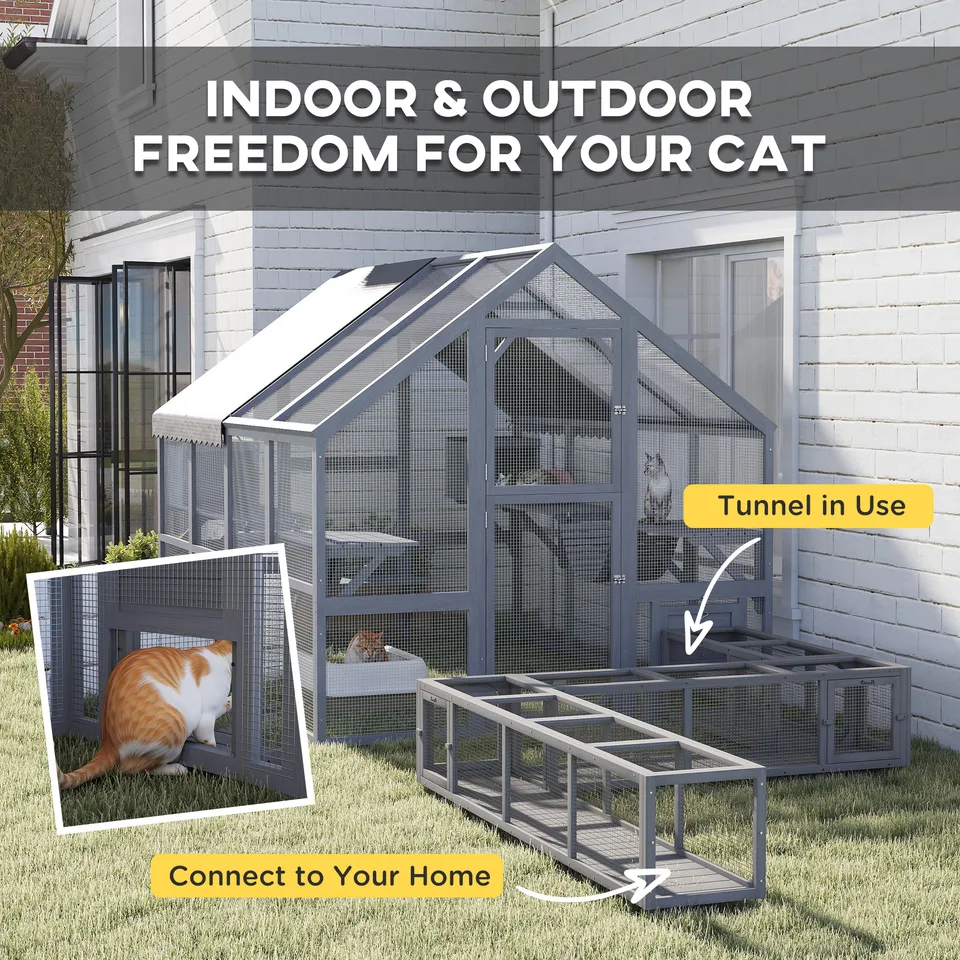 Wooden Catio Outdoor Cat Enclosure with Waterproof Cover, 2 Condos, 6 Platforms, Bridge, Doors, Gray view 3