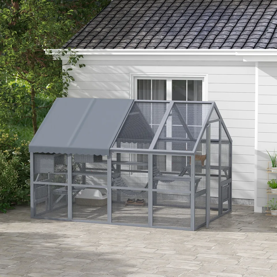 Wooden Catio Outdoor Cat Enclosure with Waterproof Cover, 2 Condos, 6 Platforms, Bridge, Doors, Gray