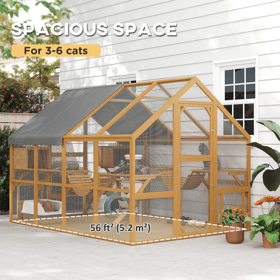 Wooden Catio Outdoor Cat Enclosure, Large Cat House with Waterproof Cover, 2 Condos, 6 Platforms, Bridge, Doors, Yellow view 4