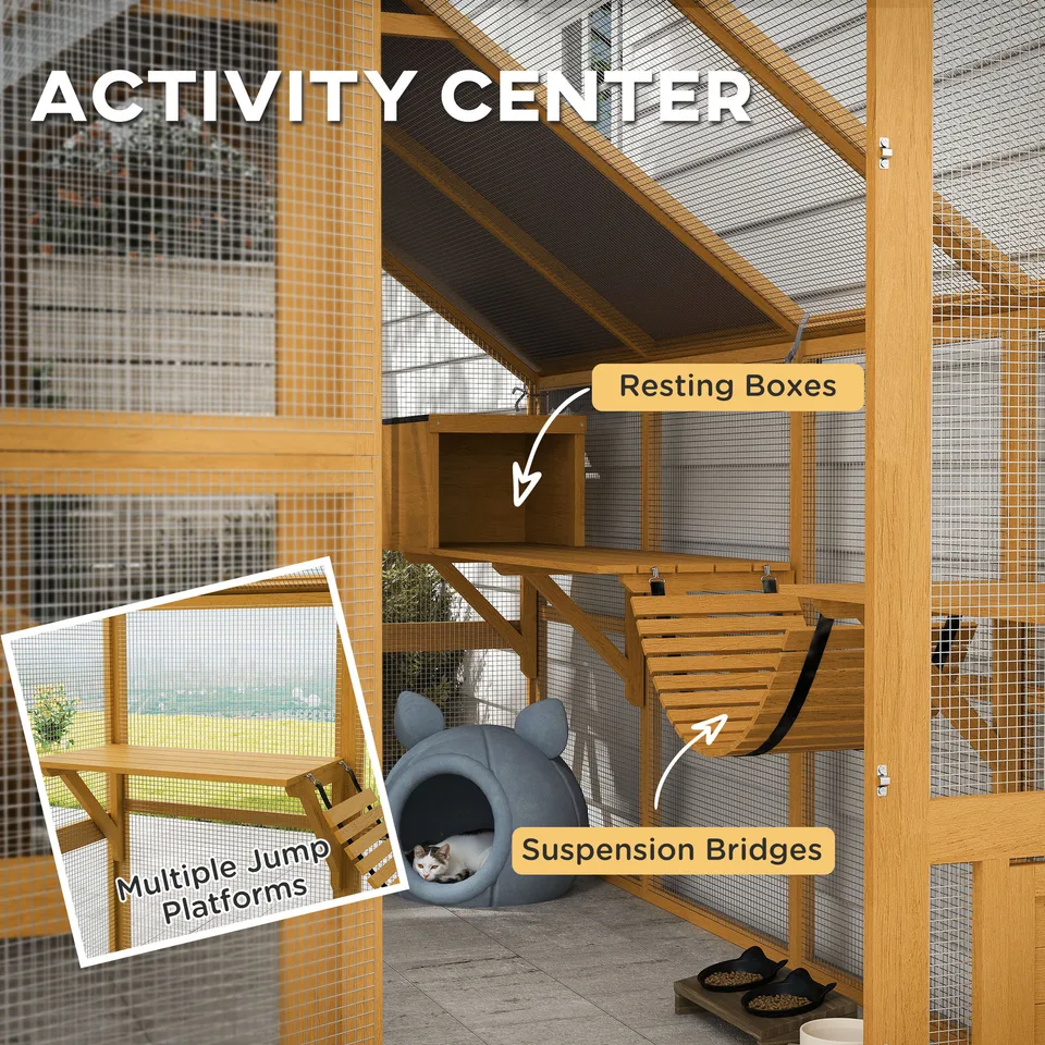 Wooden Catio Outdoor Cat Enclosure, Large Cat House with Waterproof Cover, 2 Condos, 6 Platforms, Bridge, Doors, Yellow view 2