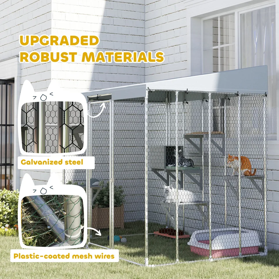 79" Galvanized Steel Large Catio with Waterproof Canopy, Sleeping Box, Jumping Platforms, for 1-3 Kittens, Silver view 4