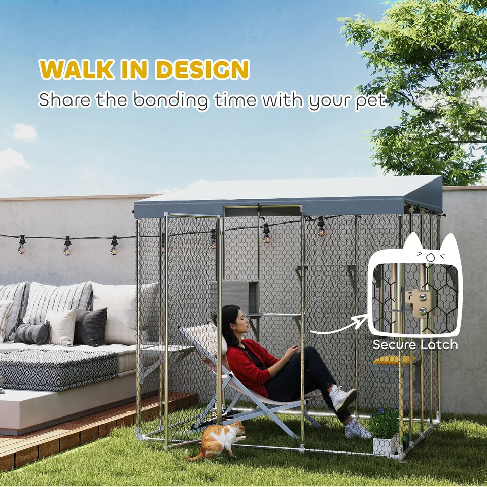 79" Galvanized Steel Large Catio with Waterproof Canopy, Sleeping Box, Jumping Platforms, for 1-3 Kittens, Silver view 2