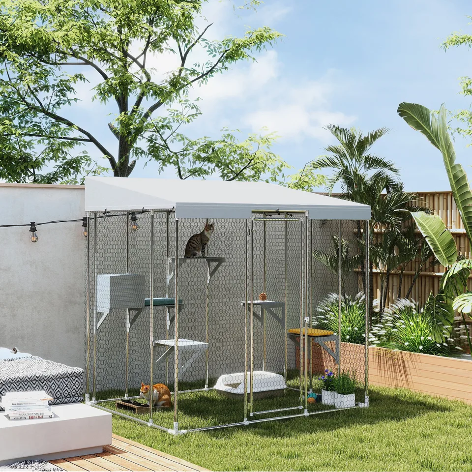 79" Galvanized Steel Large Catio with Waterproof Canopy, Sleeping Box, Jumping Platforms, for 1-3 Kittens, Silver