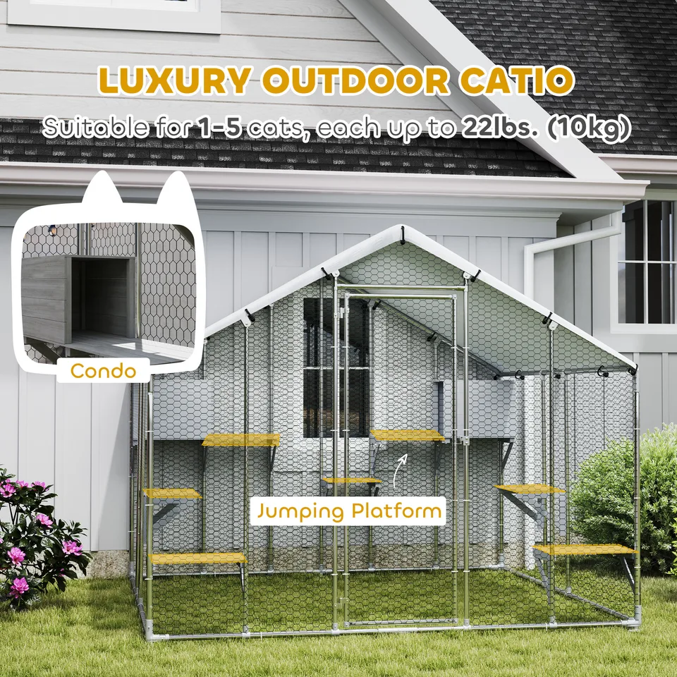 95" Extra Large Metal Outdoor Catio with Waterproof Cover, 2 Resting Boxes, 7 Jumping Platforms, for Multiple Cats view 4