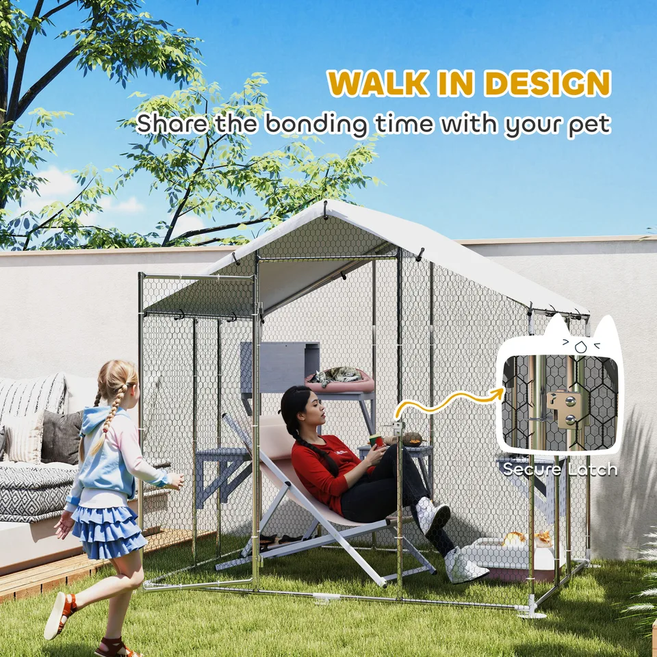 95" Extra Large Metal Outdoor Catio with Waterproof Cover, 2 Resting Boxes, 7 Jumping Platforms, for Multiple Cats view 3