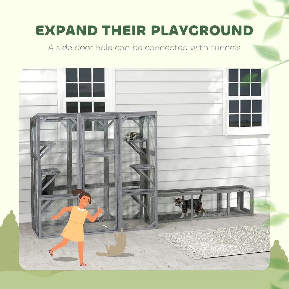 Large Wooden Catio Outdoor with 6 Jumping Platforms, Weatherproof Roof, for 1-3 Cats, 59" x 28" x 60", Gray view 2