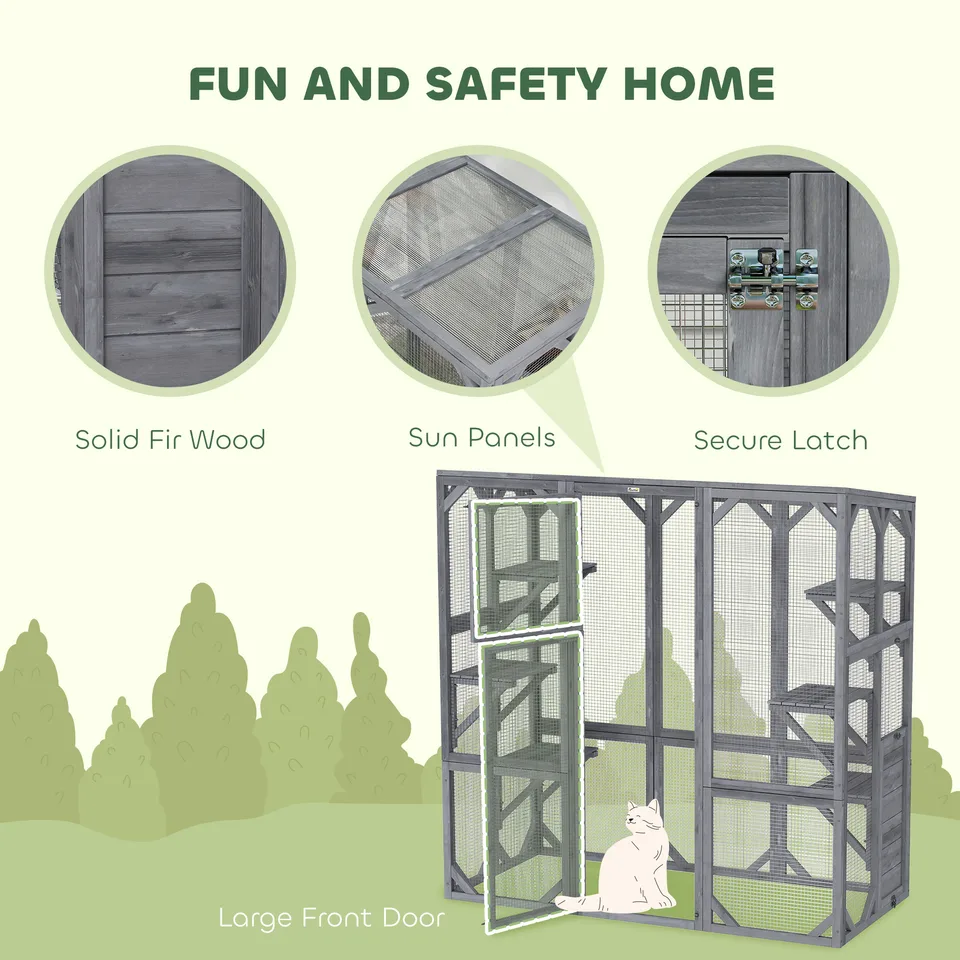Large Wooden Catio Outdoor with 6 Jumping Platforms, Weatherproof Roof, for 1-3 Cats, 59" x 28" x 60", Gray view 3