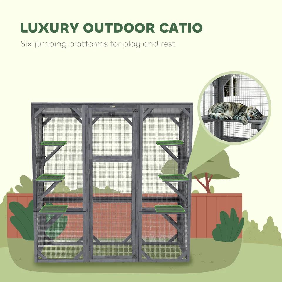 Large Wooden Catio Outdoor with 6 Jumping Platforms, Weatherproof Roof, for 1-3 Cats, 59" x 28" x 60", Gray view 4