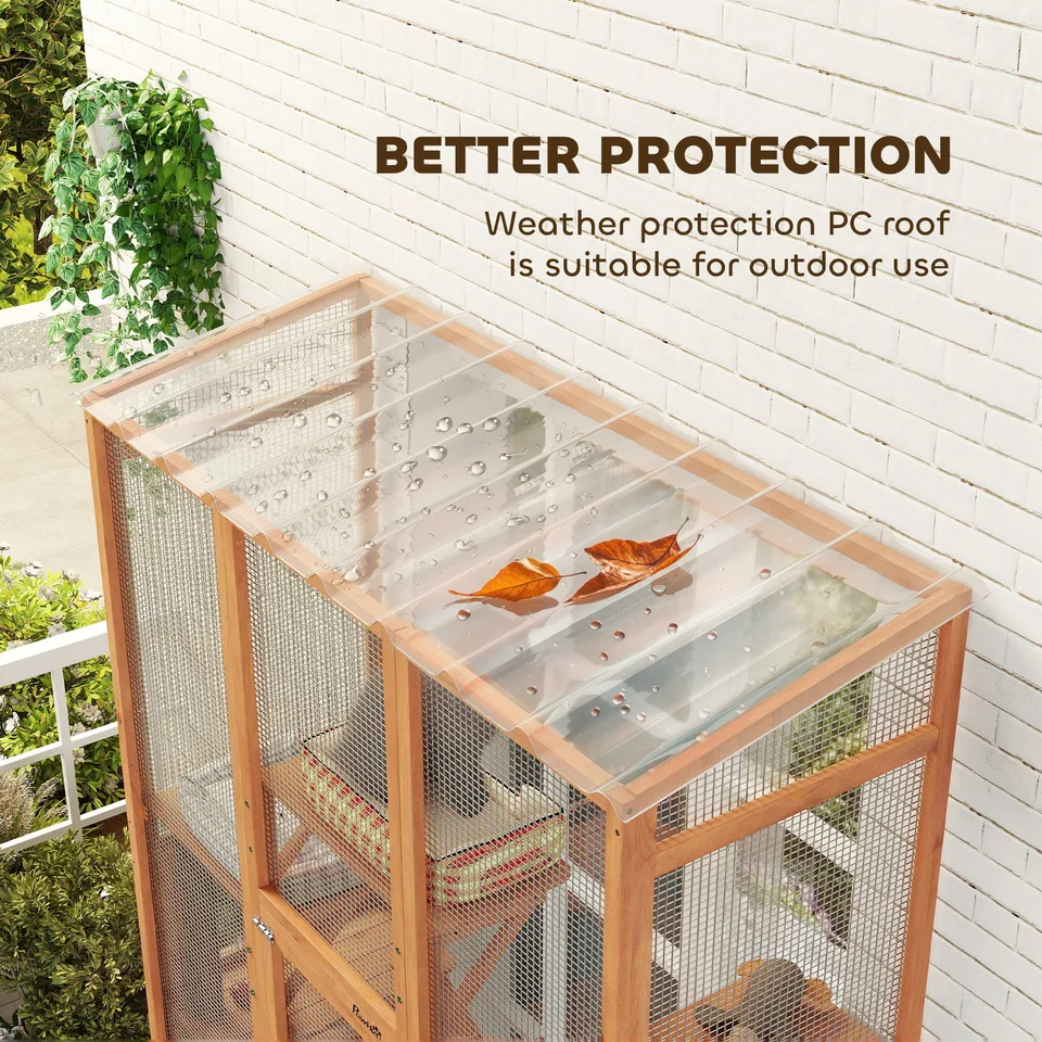 Outdoor Catio Cat Enclosure, Large Wooden Cat House with 6 Jumping Platforms, Scratching Post, 2 Ramps, for 2-3 Kittens view 2