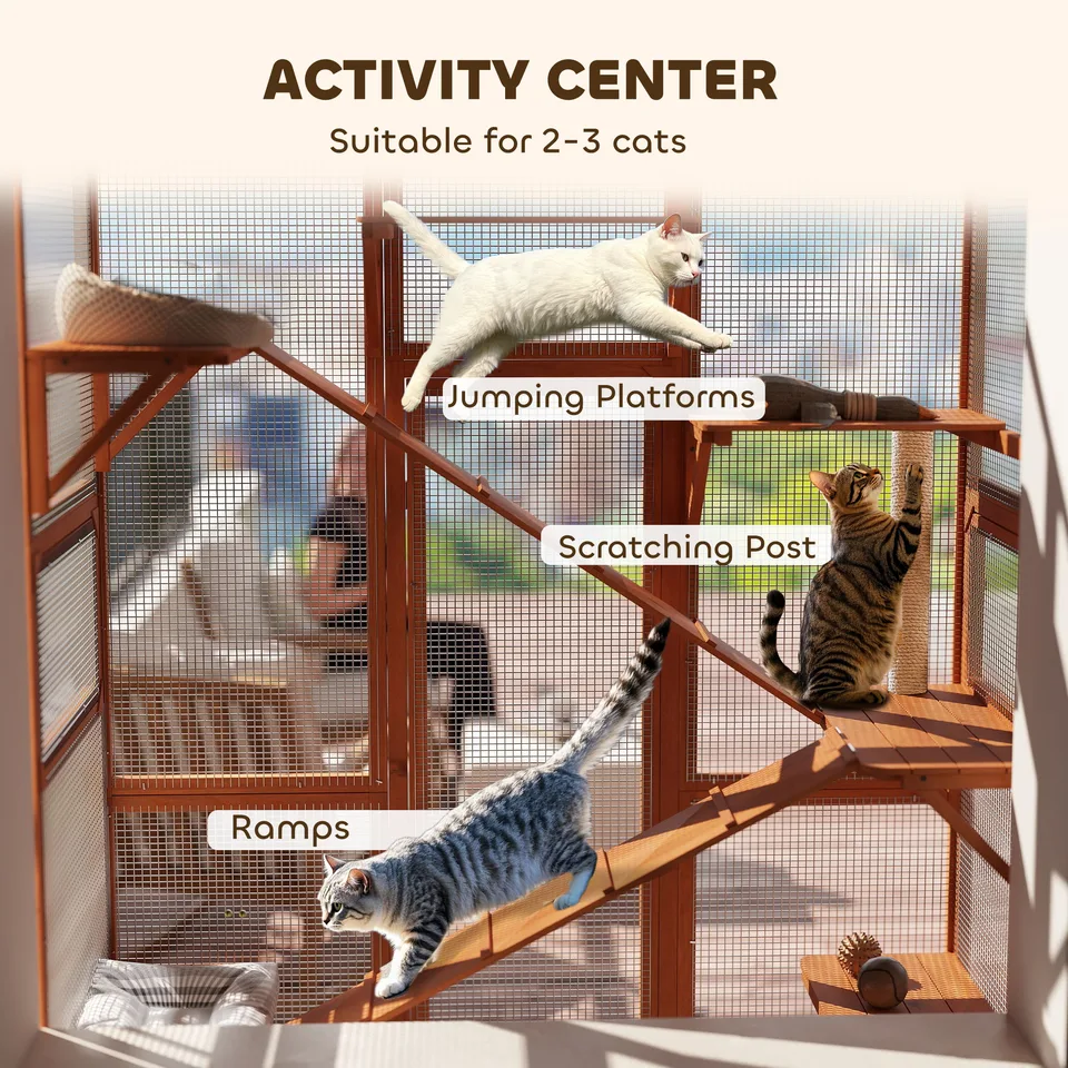 Outdoor Catio Cat Enclosure, Large Wooden Cat House with 6 Jumping Platforms, Scratching Post, 2 Ramps, for 2-3 Kittens view 3