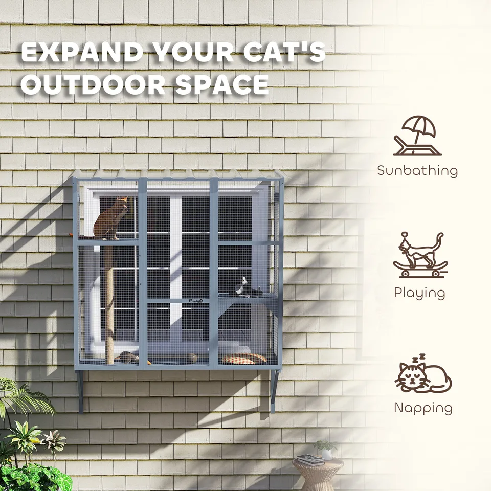 Catio Outdoor, Window Catio for 2-3 Large Indoor Cats w/ 2 Jumping Platforms, Scratching Post, for Playing, Napping view 4