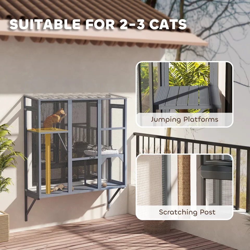 Catio Outdoor, Window Catio for 2-3 Large Indoor Cats w/ 2 Jumping Platforms, Scratching Post, for Playing, Napping view 2