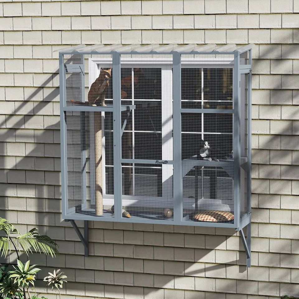 Catio Outdoor, Window Catio for 2-3 Large Indoor Cats w/ 2 Jumping Platforms, Scratching Post, for Playing, Napping