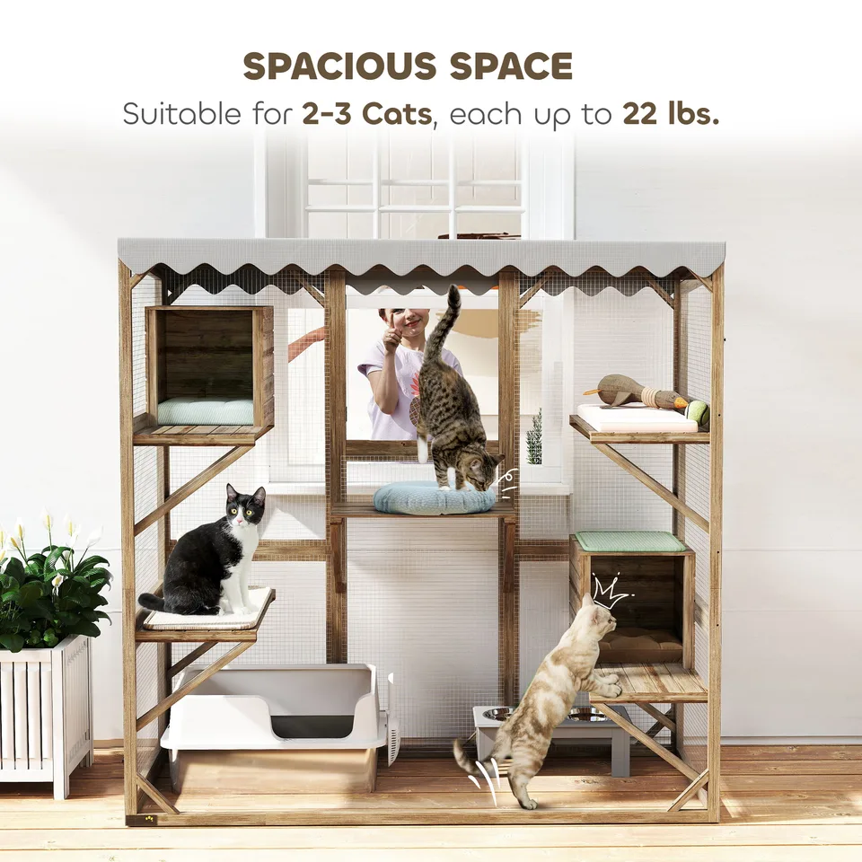 Outdoor Cat Enclosure with Window Access, 5 Platforms and 2 Resting Boxes, Waterproof Roof for Multiple Cats, Brown view 4