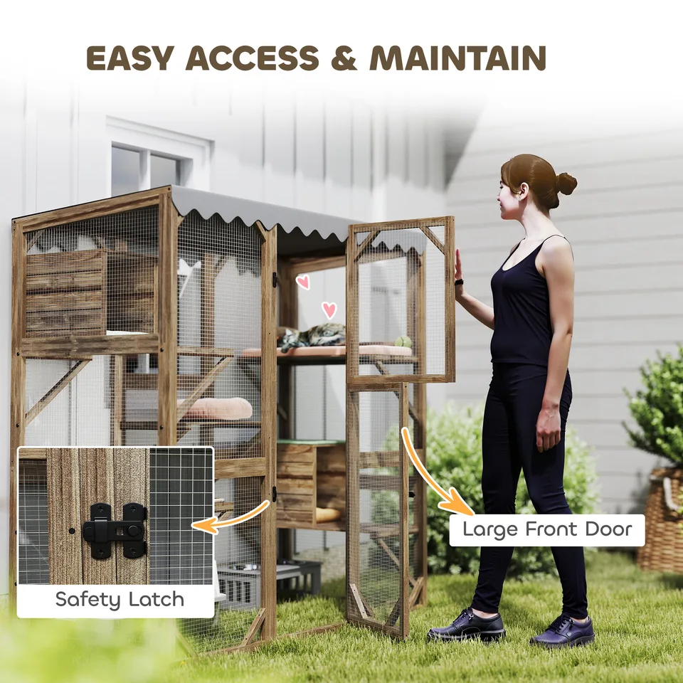 Outdoor Cat Enclosure with Window Access, 5 Platforms and 2 Resting Boxes, Waterproof Roof for Multiple Cats, Brown view 2