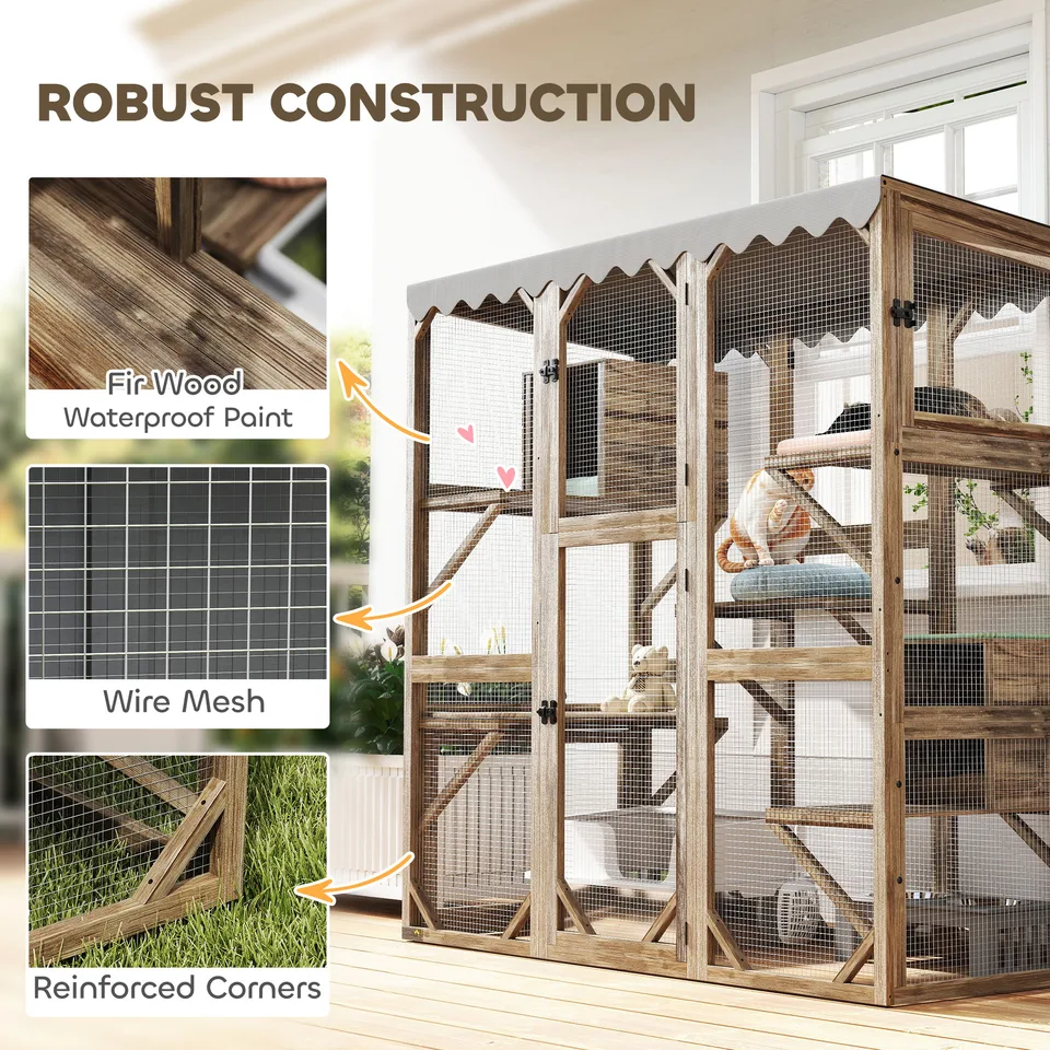 Outdoor Cat Enclosure with Window Access, 5 Platforms and 2 Resting Boxes, Waterproof Roof for Multiple Cats, Brown view 3