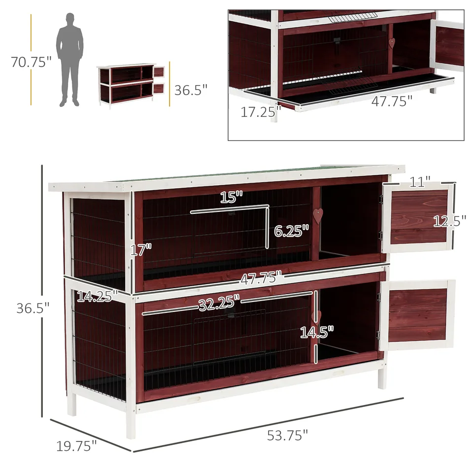 54" 2-Story Weatherproof Stackable Elevated Wooden Rabbit Hutch with Enclosed Run and Pull-Out Trays view 2