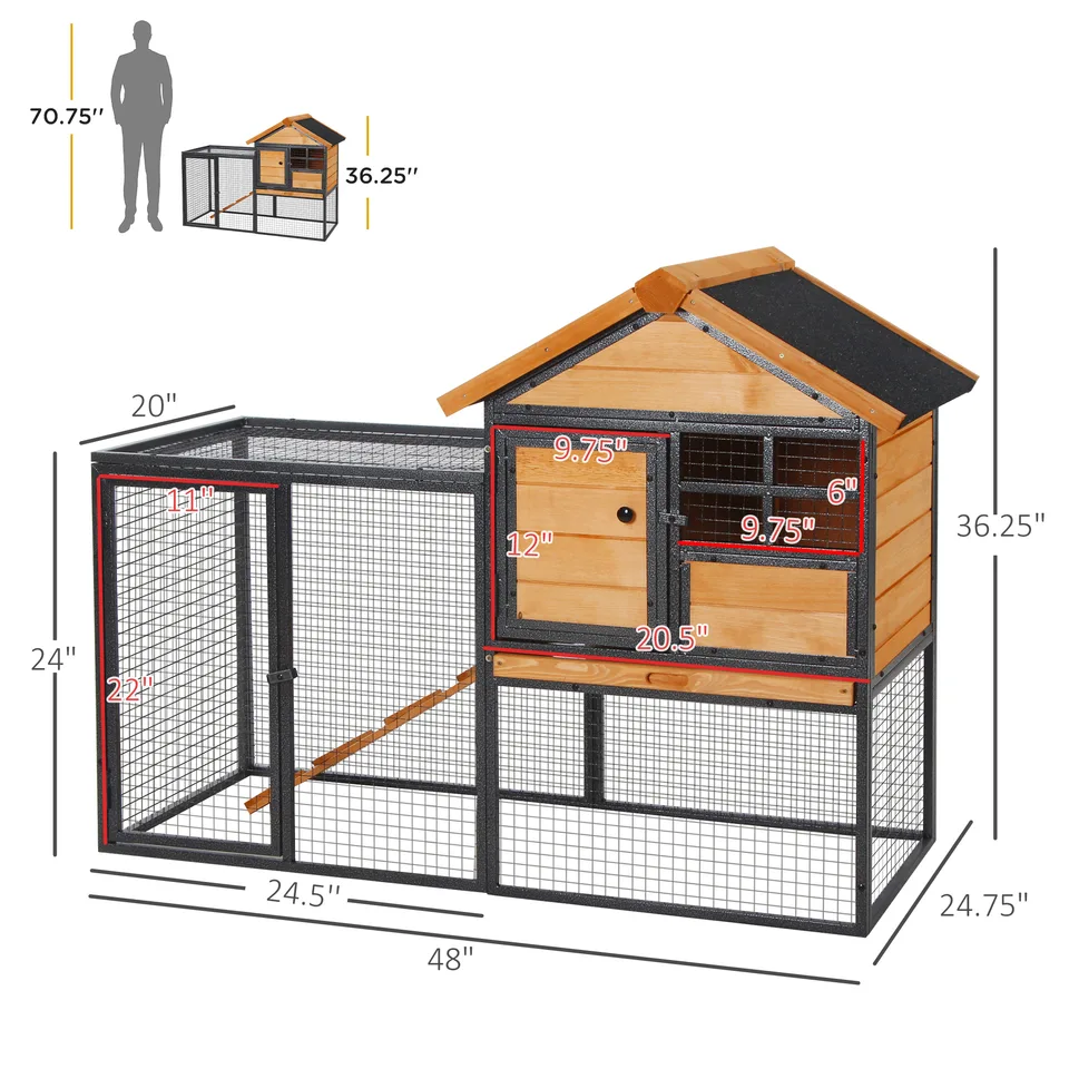 Outdoor Rabbit Cage Elevated Pet House w/ Slide-Out Tray, Natural Wood & Black view 3
