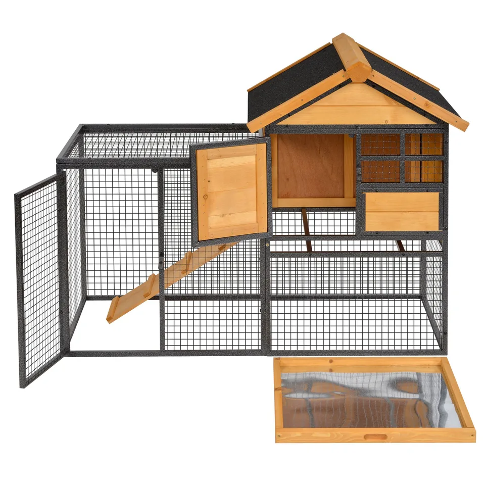 Outdoor Rabbit Cage Elevated Pet House w/ Slide-Out Tray, Natural Wood & Black view 2
