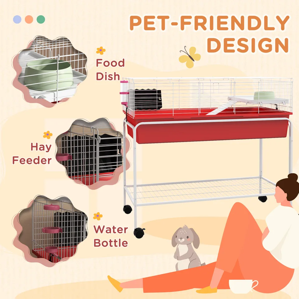 Two-Story Small Animal Cage Removable from Stand, Pet Habitat with Shelf & Wheels, 39" x 20.5" x 36.5", Red view 2