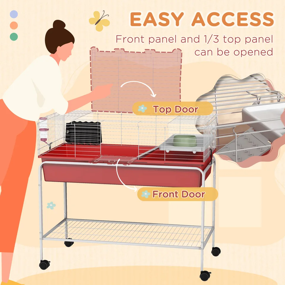 Two-Story Small Animal Cage Removable from Stand, Pet Habitat with Shelf & Wheels, 39" x 20.5" x 36.5", Red view 3