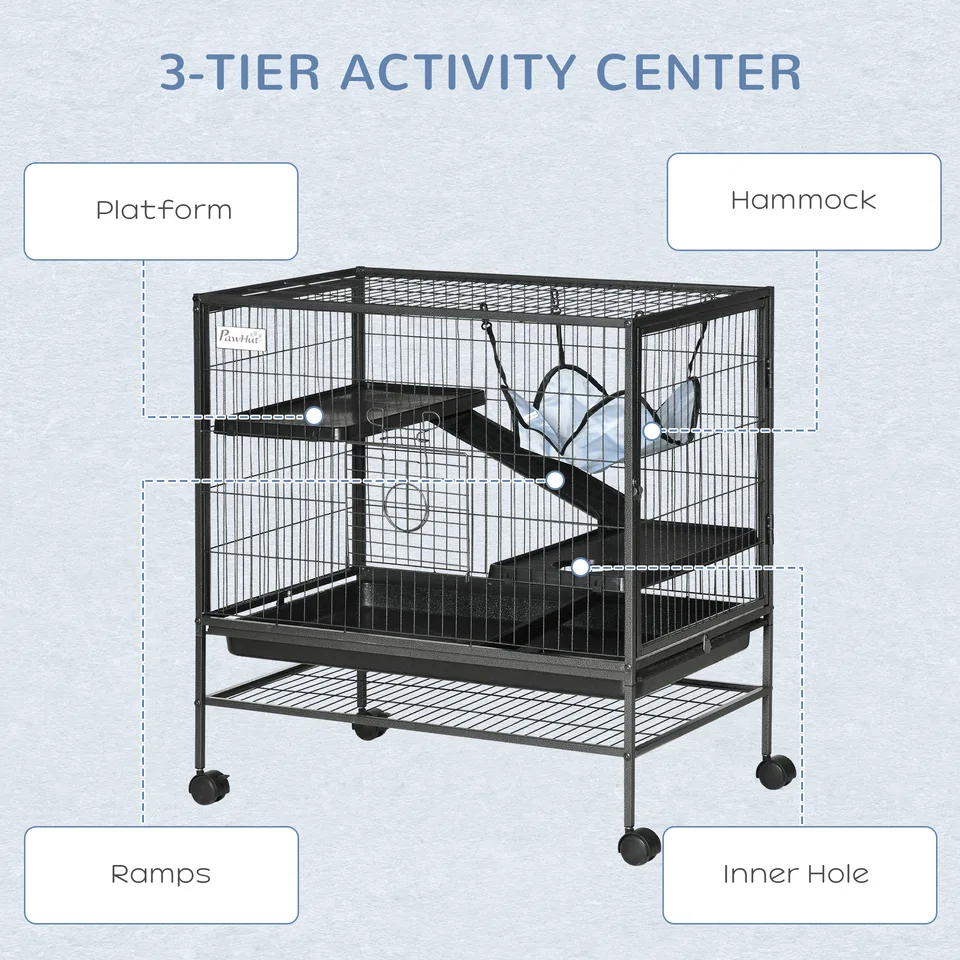 Small Animal Cage with Wheels, Pet Playpen for Rat, Syrian Hamster, Kitten, Ferrets, Chinchillas with Bottom Storage Shelf, Removable Tray view 2