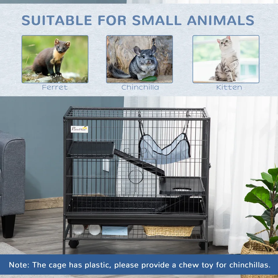 Small Animal Cage with Wheels, Pet Playpen for Rat, Syrian Hamster, Kitten, Ferrets, Chinchillas with Bottom Storage Shelf, Removable Tray view 3