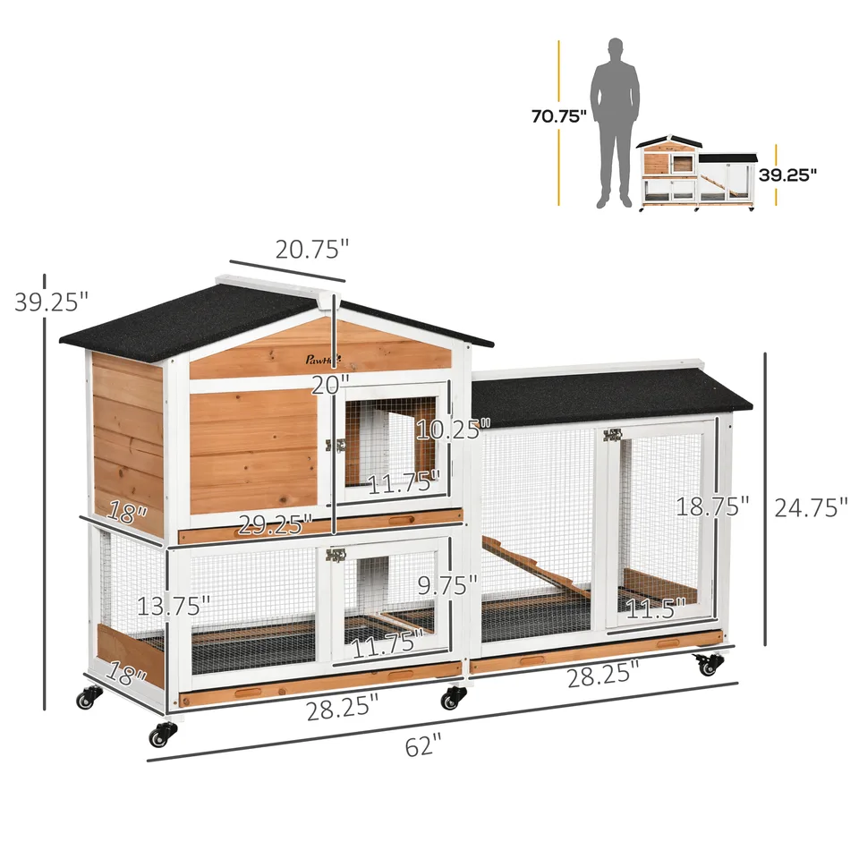 62" Wooden Mobile Rabbit Hutch with Wheels, Run Box, Slide-out Tray, Ramp, Yellow view 2