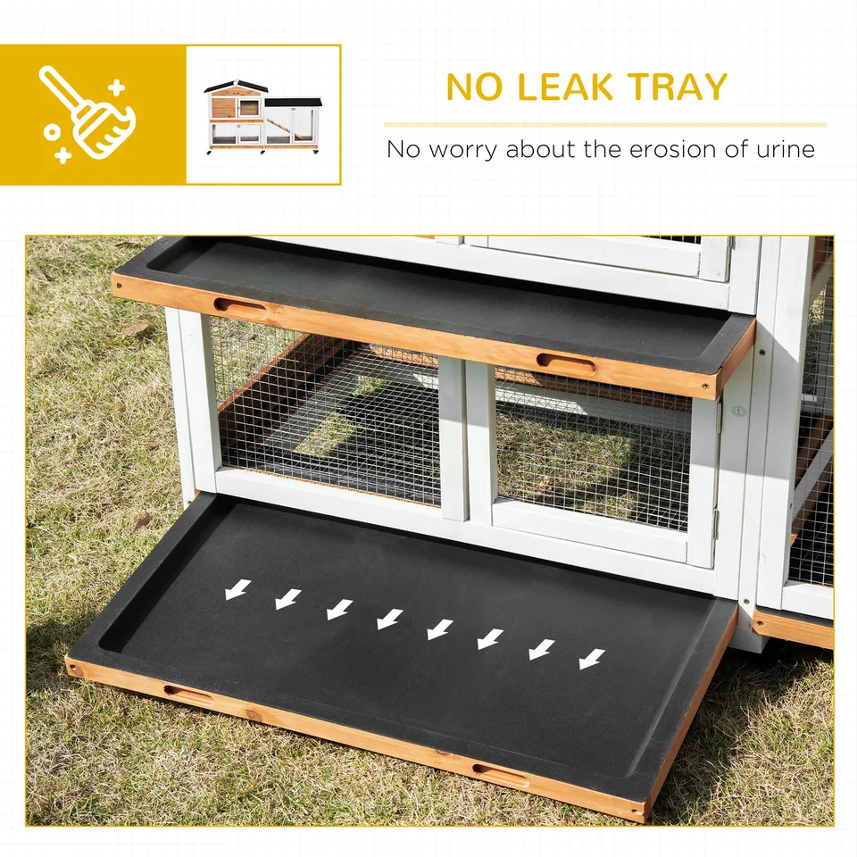 62" Wooden Mobile Rabbit Hutch with Wheels, Run Box, Slide-out Tray, Ramp, Yellow view 3