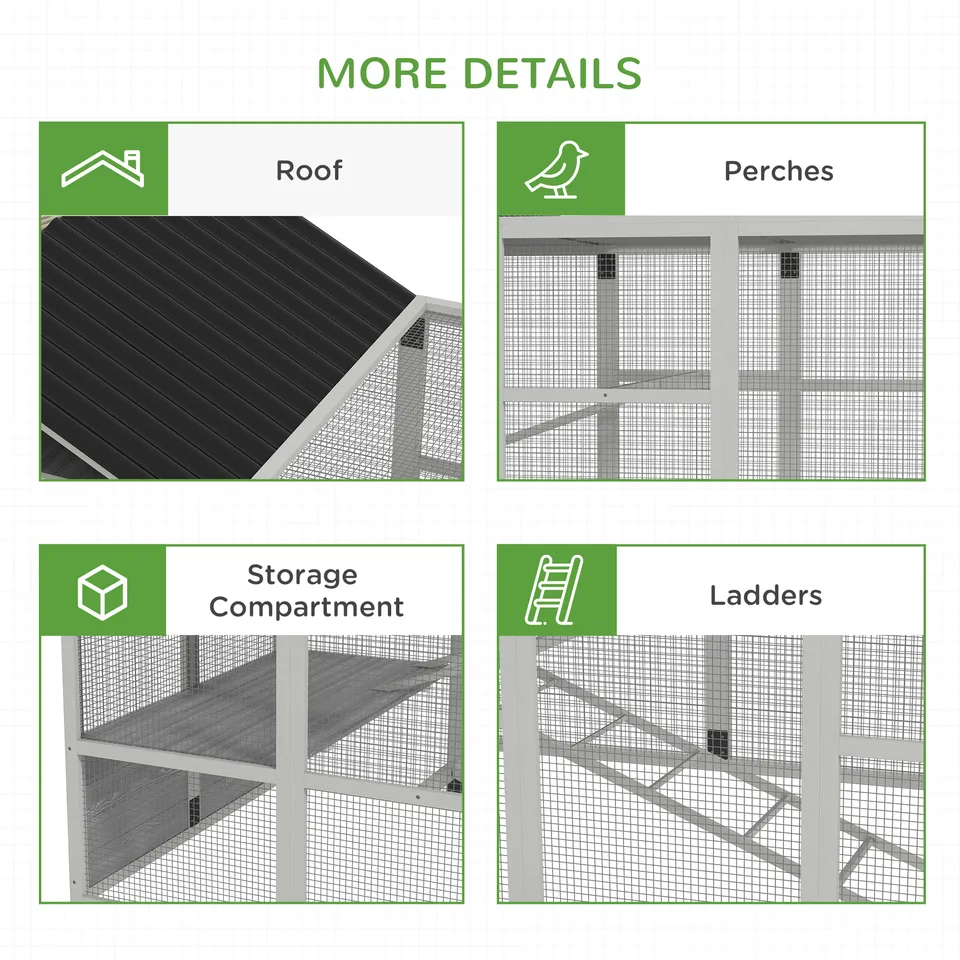 Wooden Chicken Coop Run for 6 - 10 Chickens, Hen House Add-On with Storage, Perches, 141.75" x 48" x 61", Gray view 2