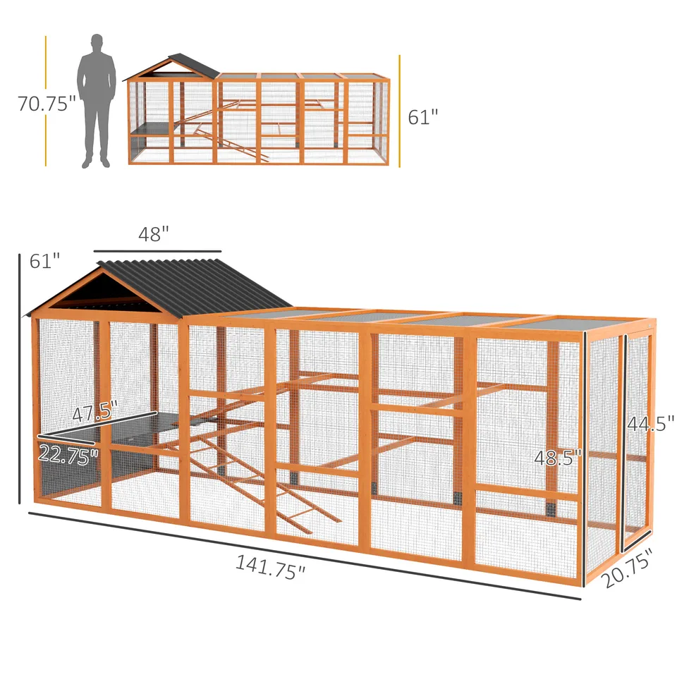 Wooden Chicken Coop Run for 6 - 10 Chickens, Hen House Add-On with Storage, Perches, 141.75" x 48" x 61", Orange view 2