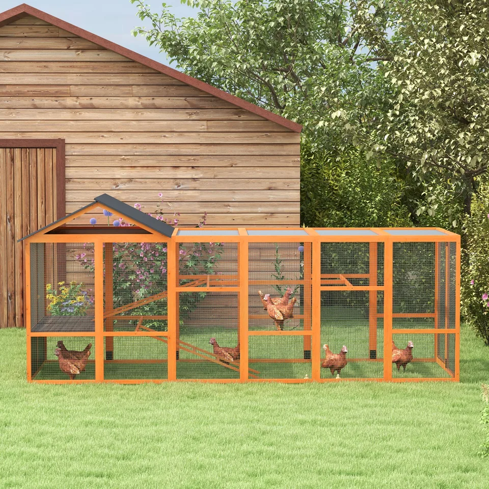 Wooden Chicken Coop Run for 6 - 10 Chickens, Hen House Add-On with Storage, Perches, 141.75" x 48" x 61", Orange view 3