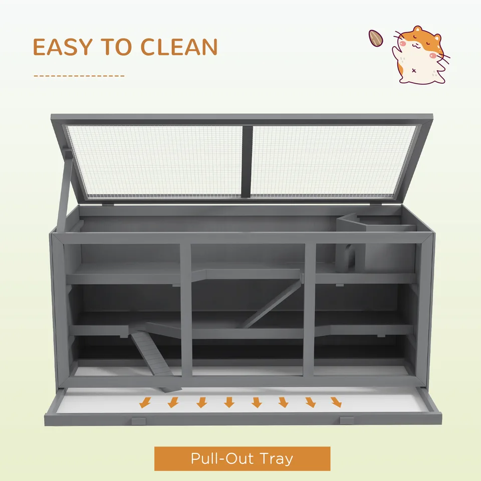 Extra Large Wooden Hamster Cage with Opening Roof, Hut, Ramps, Gray view 3