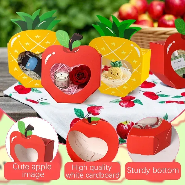 20 Pcs Summer Party 3D Treat Boxes With Clear Window Cute Mini Party Favor Bags Apple Pineapple Shaped 2 Styles Cookie Box For Pool Wedding Christmas Birthday Back To School Teacher view 3