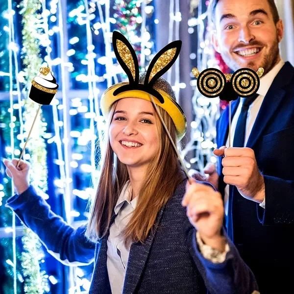 24 Pcs Party Photo Booth Props Party Picture Pose Supplies Gold And Black Kit For Birthday Weddings Graduation Prom New Year Party view 2