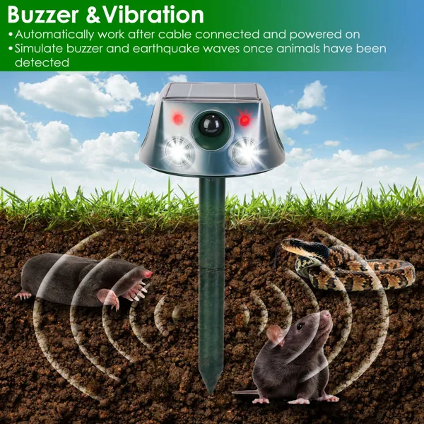 Solar & Type-C Rechargeable Animal Repeller - 3 Modes Ultrasonic+Buzzer+Vibration, IP66 Waterproof, 2200m Ah Battery, Repels Moles Bats view 4