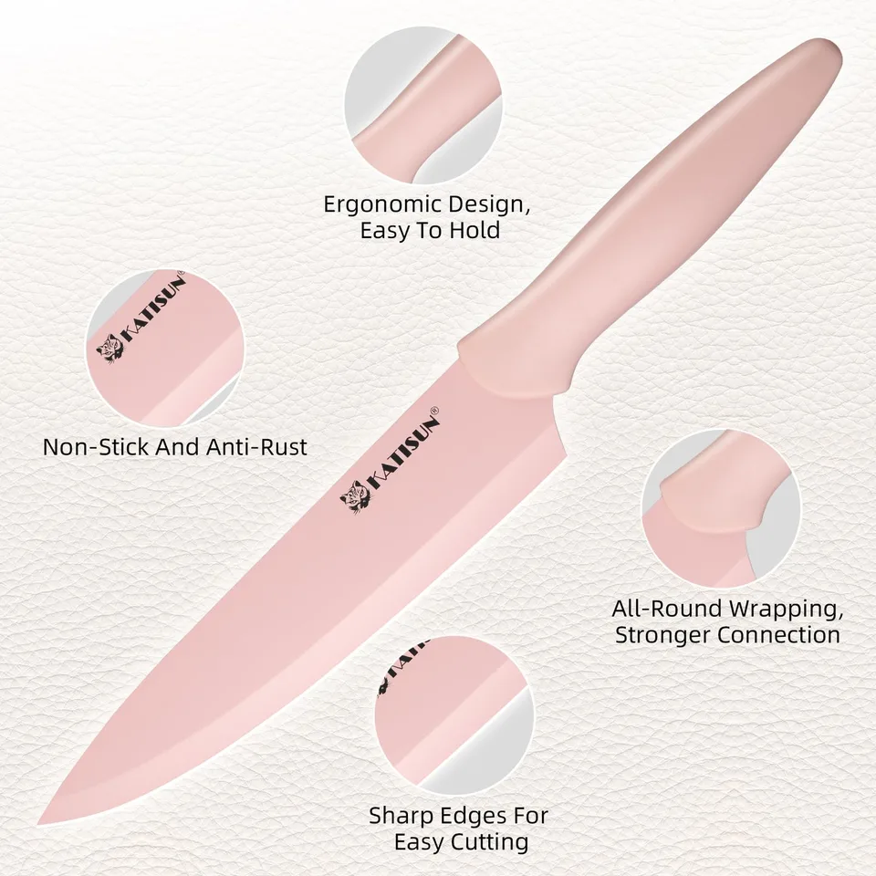 Kitchen Knife Set With Block, 14 Piece Pink Non-Stick Paint Coating Stainless Steel Knives Set, Anti-Rust And Dishwasher Safe, 12 Knives view 2
