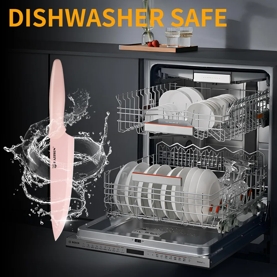 Kitchen Knife Set With Block, 14 Piece Pink Non-Stick Paint Coating Stainless Steel Knives Set, Anti-Rust And Dishwasher Safe, 12 Knives view 4