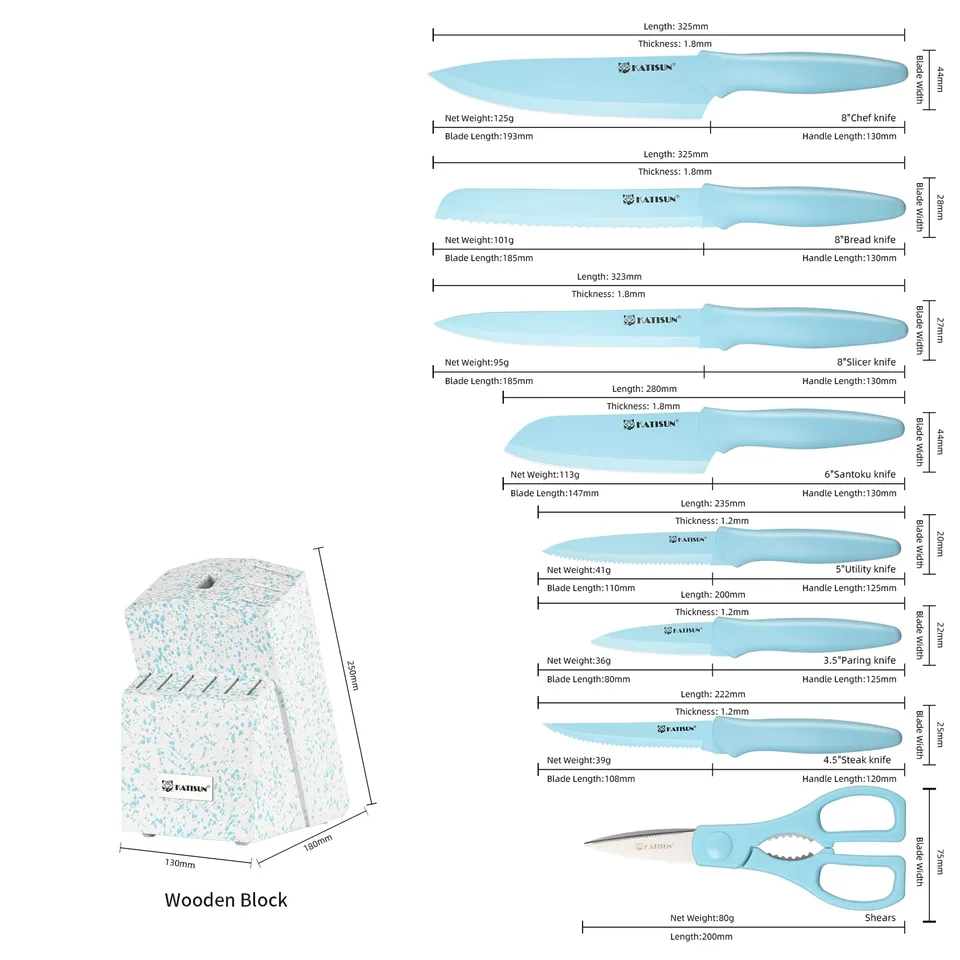 Kitchen Knife Set With Block, 14 Piece BLUE Non-Stick Paint Coating Stainless Steel Knives Set, Anti-Rust And Dishwasher Safe, 12 Knives view 2