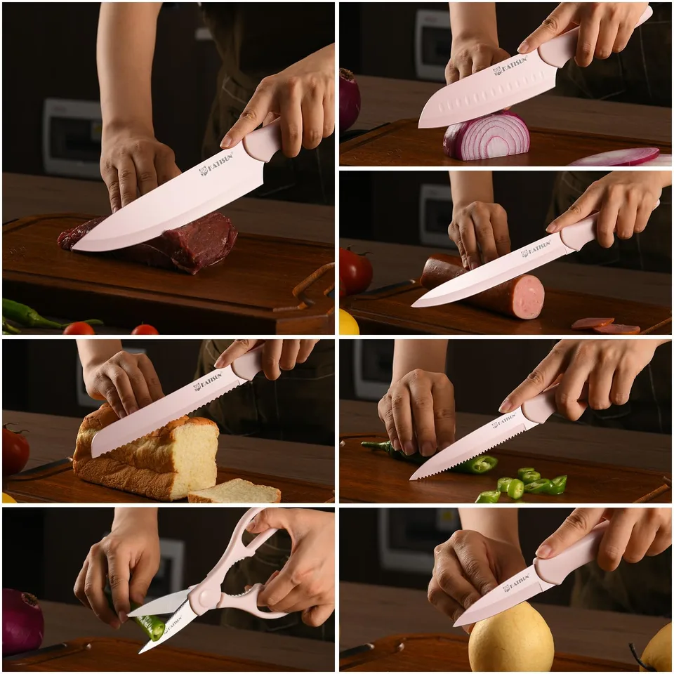 Kitchen Knife Set With Guards, 13 Piece Pink Non-Stick Boxed Knives Set, Anti-Rust And Dishwasher Safe, 6 Knives With 6 Blade Covers And view 2