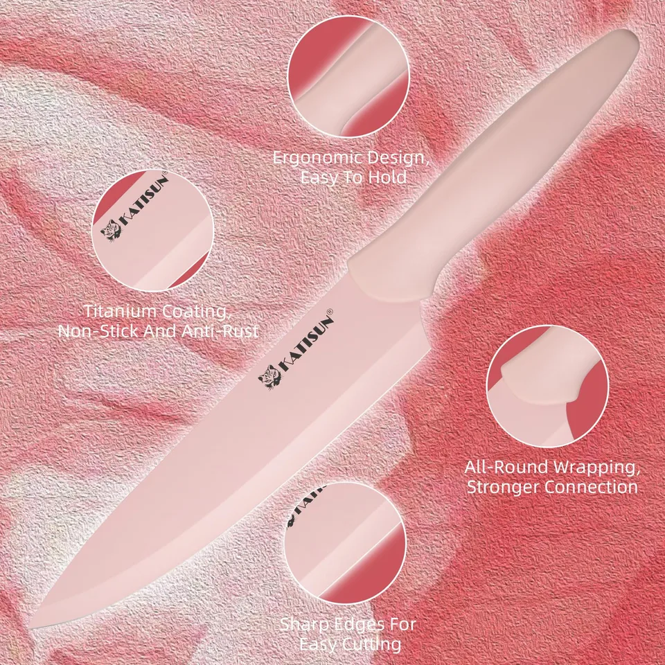 Kitchen Knife Set With Guards, 13 Piece Pink Non-Stick Boxed Knives Set, Anti-Rust And Dishwasher Safe, 6 Knives With 6 Blade Covers And view 4
