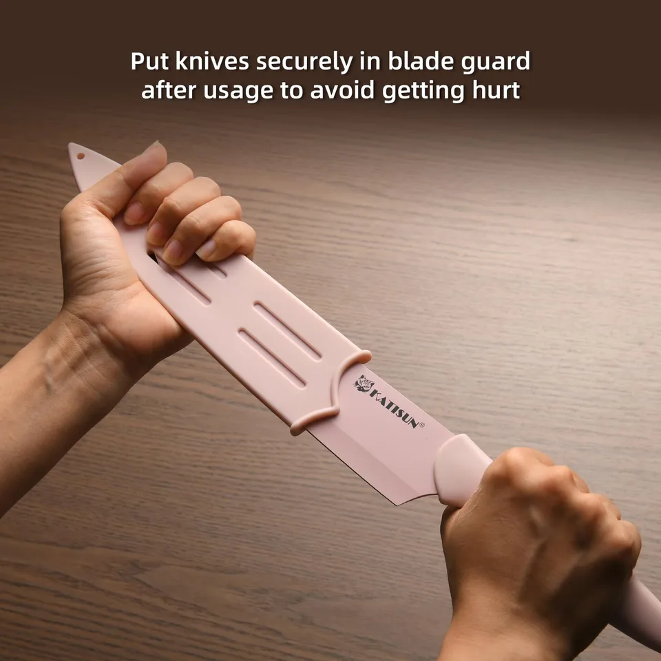 Kitchen Knife Set With Guards, 13 Piece Pink Non-Stick Boxed Knives Set, Anti-Rust And Dishwasher Safe, 6 Knives With 6 Blade Covers And view 3
