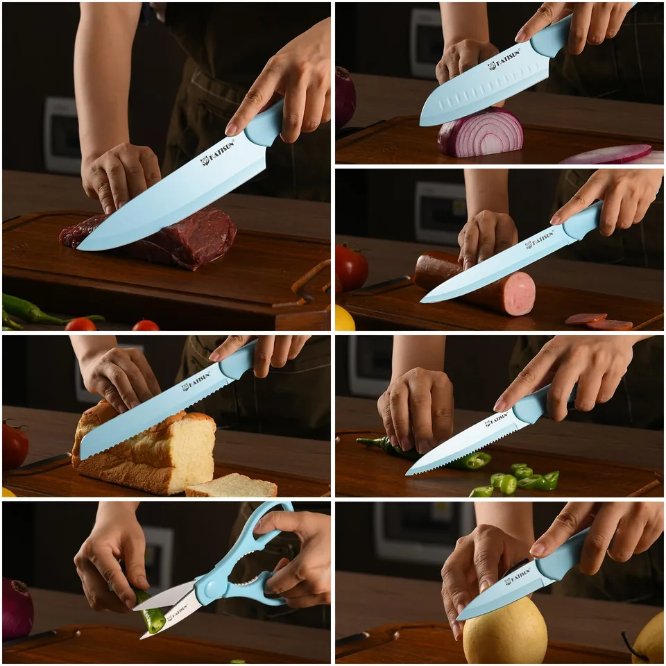 Kitchen Knife Set With Guards, 13 Piece Blue Non-Stick Stainless Steel Boxed Knives Set, Anti-Rust And Dishwasher Safe, 6 Knives With 6 view 4