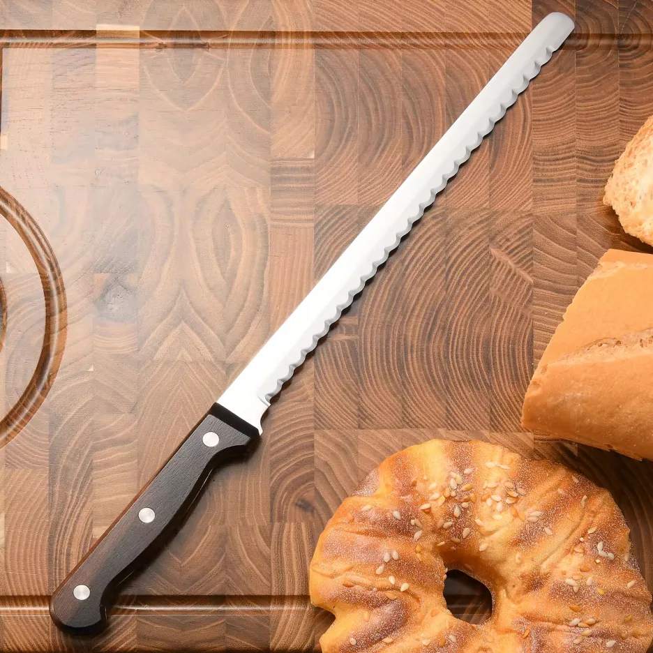 10-Inch Luxury Mirror Polished Carbon Steel Kitchen Bread Knife With Wooden Handle view 2